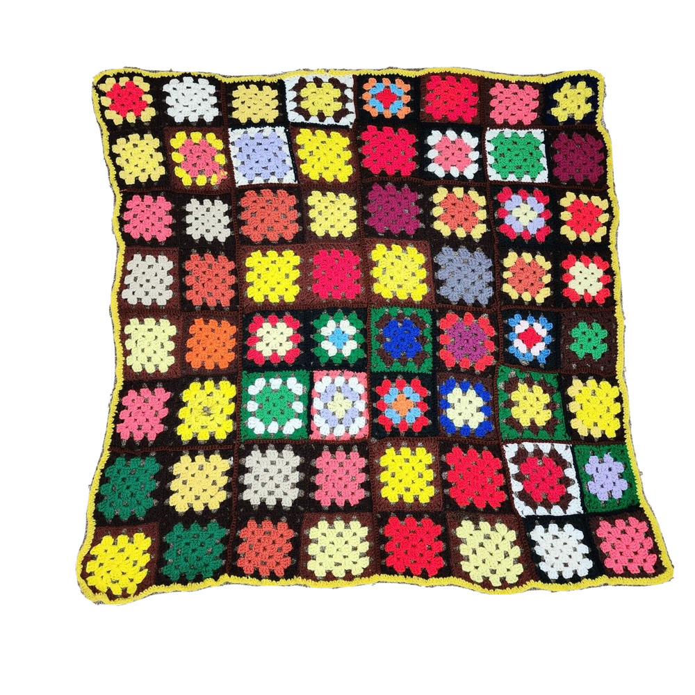 Vtg Crochet   3.5 x 3.5 ft Afghan Blanket lap Throw Granny Squares Brown 70s